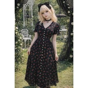 Cherry Print Black Midi Maxi Dress M Retro